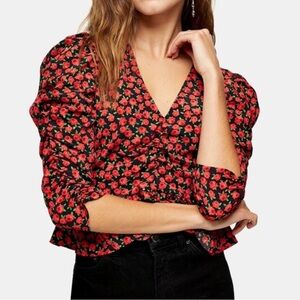 Topshop Rose Print Ruched Top Size 8